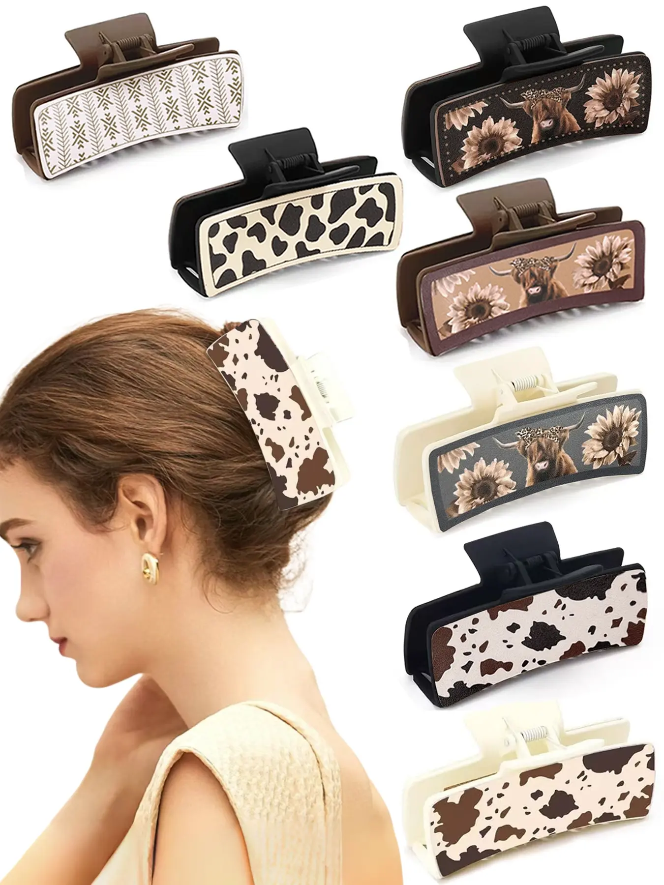 Women's Leather Hair Claw Clips, Flat Claw Clips, Ponytail claw clip, Super cute clips, cute cow hair claws, coffee colored cow hair accessories, suitable for New Year gifts, parties, afternoon tea hair accessories