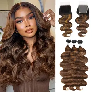 Ombre Human Hair Bundles with Closure #T1B-4/30 Body Wave Bundles with 4x4 Lace Closure Highlight Hair Sew in Colored Human Hair Bundles with Closure