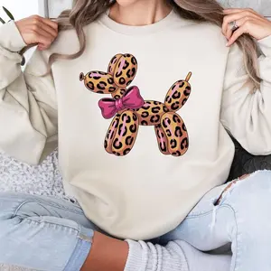 [Printed Shirts]Leopard Balloon Dog Sweatshirt/Hoodie/T-Shirt, Cute Pink Bow Puppy Graphic, Trendy Coquette Valentine Aesthetic Gift, For Men and For Women
