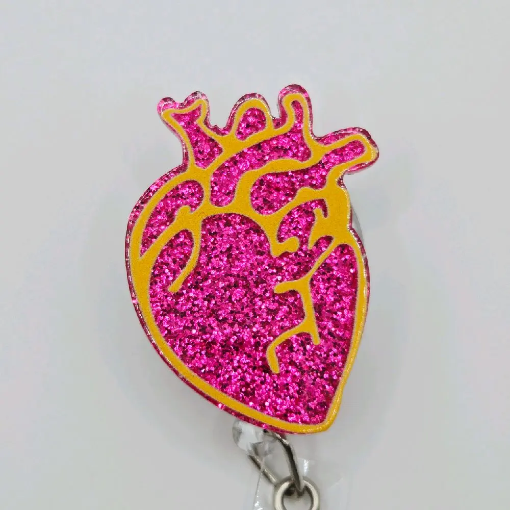 Anatomical Heart with Magenta Glitter Acrylic Retractable Badge ID Reel Belt or Alligator Clip Perfect for Nurses and the Cardiology Team