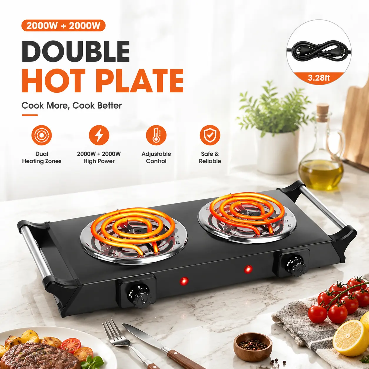 Portable Countertop Double Burner Electric Cooker, 2000W Hot Plate with Iron Body, 5-Level Temp Control for Camping, RVs-4271