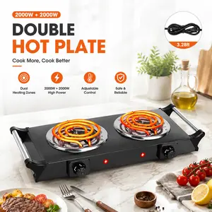 Electric Countertop Double Burner, 2000W Cooktop with Coil Hot Plate & Stay Cool Handles, 5 Level Temperature Control, Easy to Clean, Indicator Lights, Cooking Stove for Office/Home/Camping Use-4271