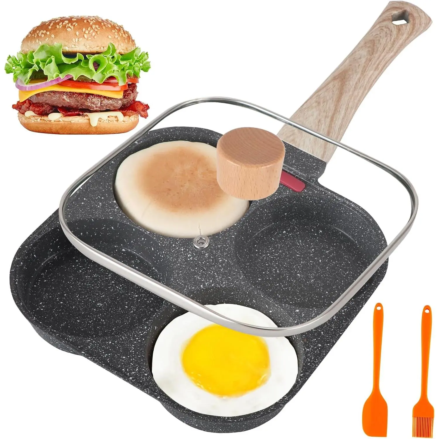 AHFLRTO 4 Cup Egg Pans Nonstick,  Omelette Pan with Lid,  Egg Skillet for Eggs, Pancakes, Crepes, Sandwiches, Compatible with Gas Stove & Induction Cooktop
