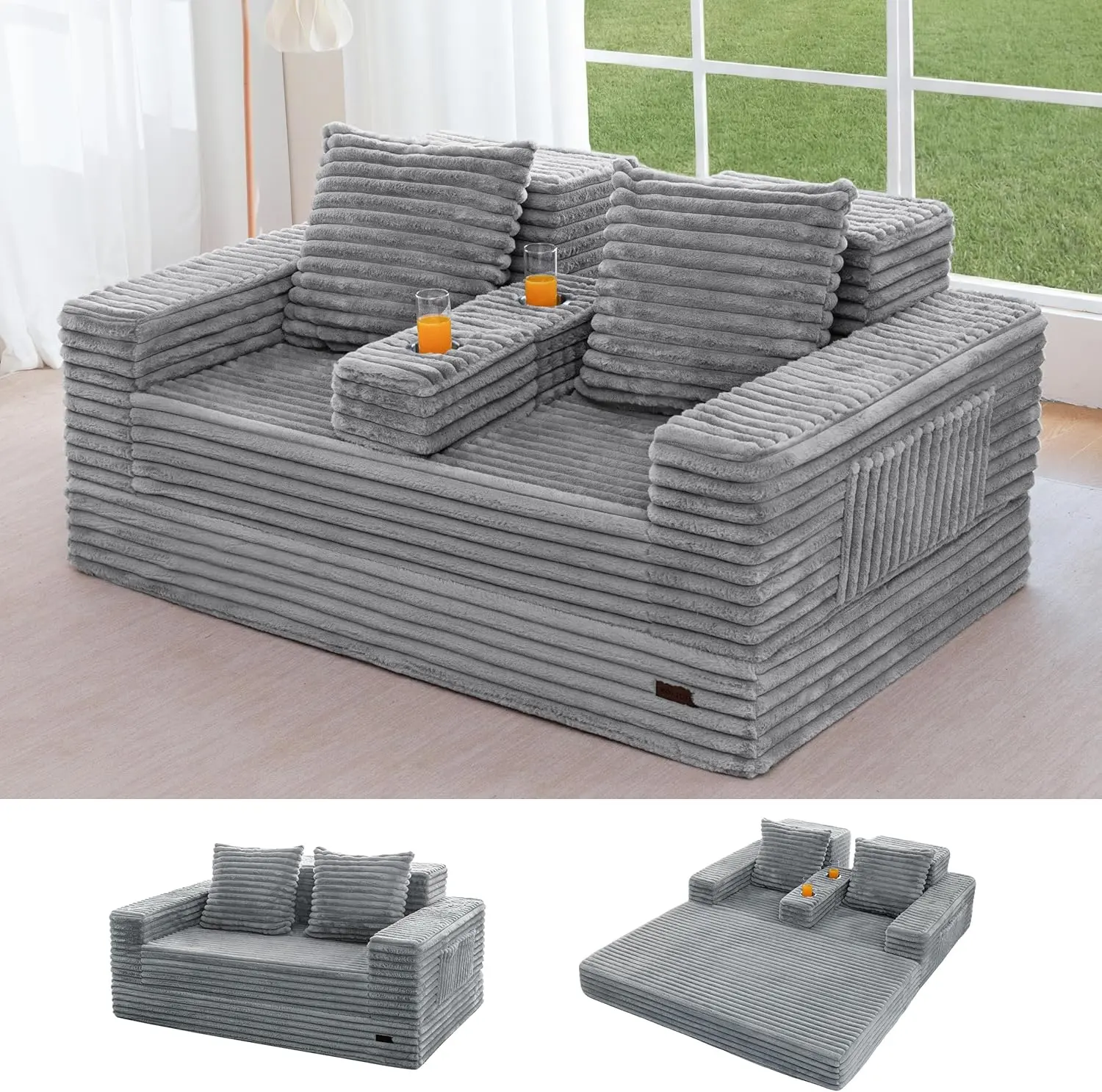 MAXYOYO 64" Loveseat Sofa Bed, Striped Faux Fur Foldable Floor Sofa Couch in A Box, 4 in 1 Convertible Boneless Couch with 2 Cup Holders, Folding Recliner Sleeper Chair, No Assembly Required | Living Room | Falldealsforyou