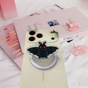 Cute Mothman Phone Grip Clear Acrylic Griptok - Kawaii Red Eyes Cryptid Cell Phone Stand Holder, Spooky Cute Fuzzy Moth Finger Ring Grip Accessory, Unique Gift for Gothic Horror Fans