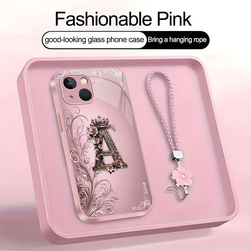 Crown Floral Art 26 letter Phone Case, Suitable for [iPhone 14] high-end women's, Lanyard a beautiful four-leaf clover lanyard is included🍀 952