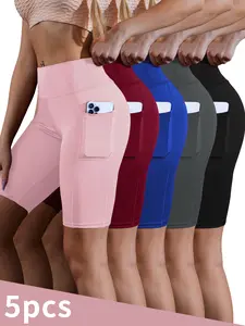 5pcs High Waist Athletic Yoga Shorts,Soft Shorts,Breathable, Pocketed Stretchable Tight Fit Gym Wear For Daily Workout & Casual Use Women Outdoorfun SpringStatements