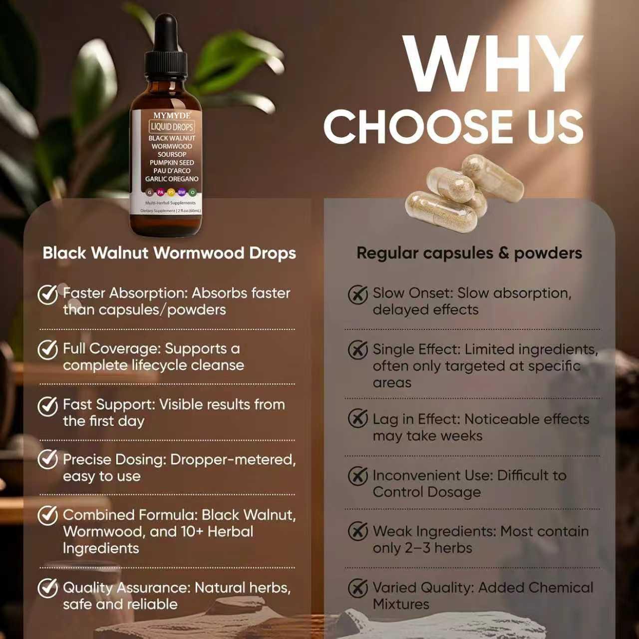 MYMYDE Walnut Wormwood Gut Cleanse, Wormwood Black Walnut Clove Drops with Garlic Oregano, Soursop, Pau D'arco, Pumpkin Seed Extracts, Support Gut & Digestion Balance, Improve Energy