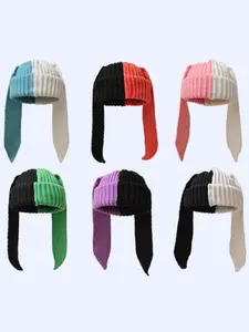 Unisex Y2K Colorblock Long Bunny Ear Beanie, Bunny Bonnet, Warm Knit Hat for Easter Halloween Party, Fashion Accessory for Music Dance Events