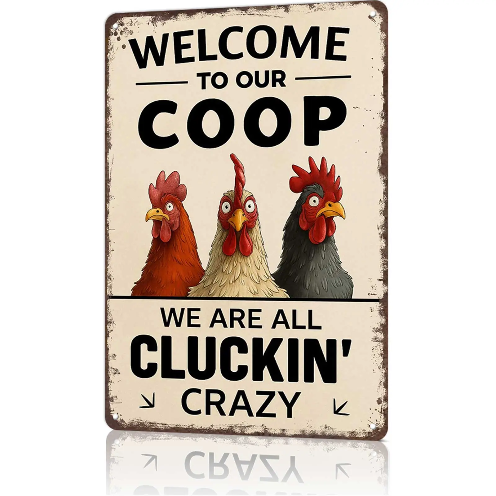 "Welcome To Our Coop Cluckin' Crazy" Chicken Lover Metal Sign - 8x12 aluminum farm decor for chicken coops, farmhouses, or TikTok chicken content! Adorable chicken trio design, ideal for viral farm life reels and gift unboxings for chicken enthusiasts