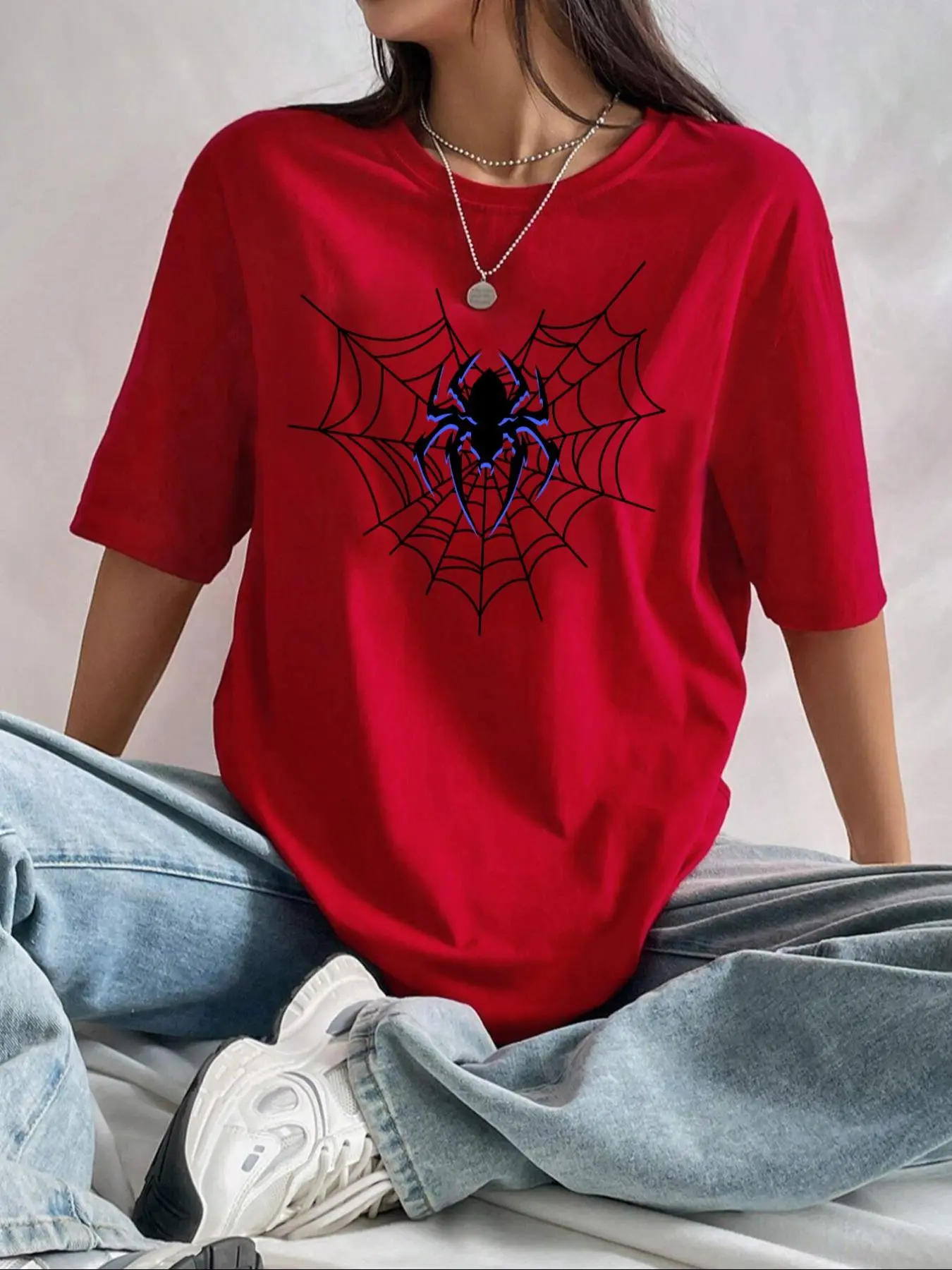 Women's Spider & Heart Animal Print Drop Shoulder Tee, Streetwear Fashion Casual Short Sleeve Round Neck Fit T-Shirt Top, Casual Trendy Tee for Daily Holiday Vacation Outdoor Wear, Ladies Summer Clothes, Piece, Casual Comfy Clothes