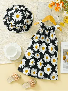 Girls' Floral Print Vacation Dress Set with Sun Hat, Sleeveless Round Neck Back Button Design, Perfect for Beach and Summer Outings