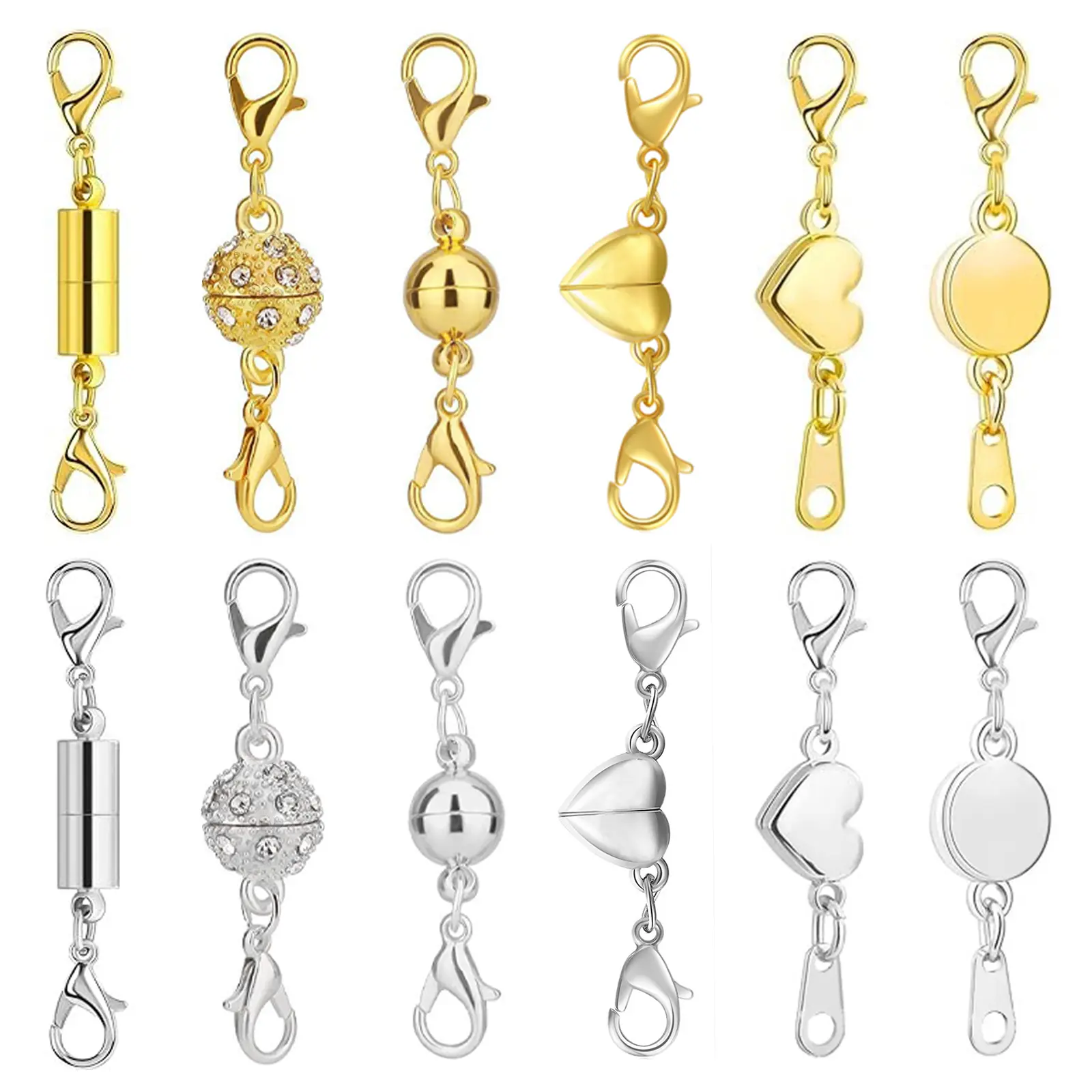 12pcs Stainless Steel Magnetic Necklace Clasps (6 Unique Designs x 2 Metal Finishes) - Jewelry Extender with Strong Grip, Fits Any Necklaces, Ideal for Women, Beads Jewelry Making DIY Supplies