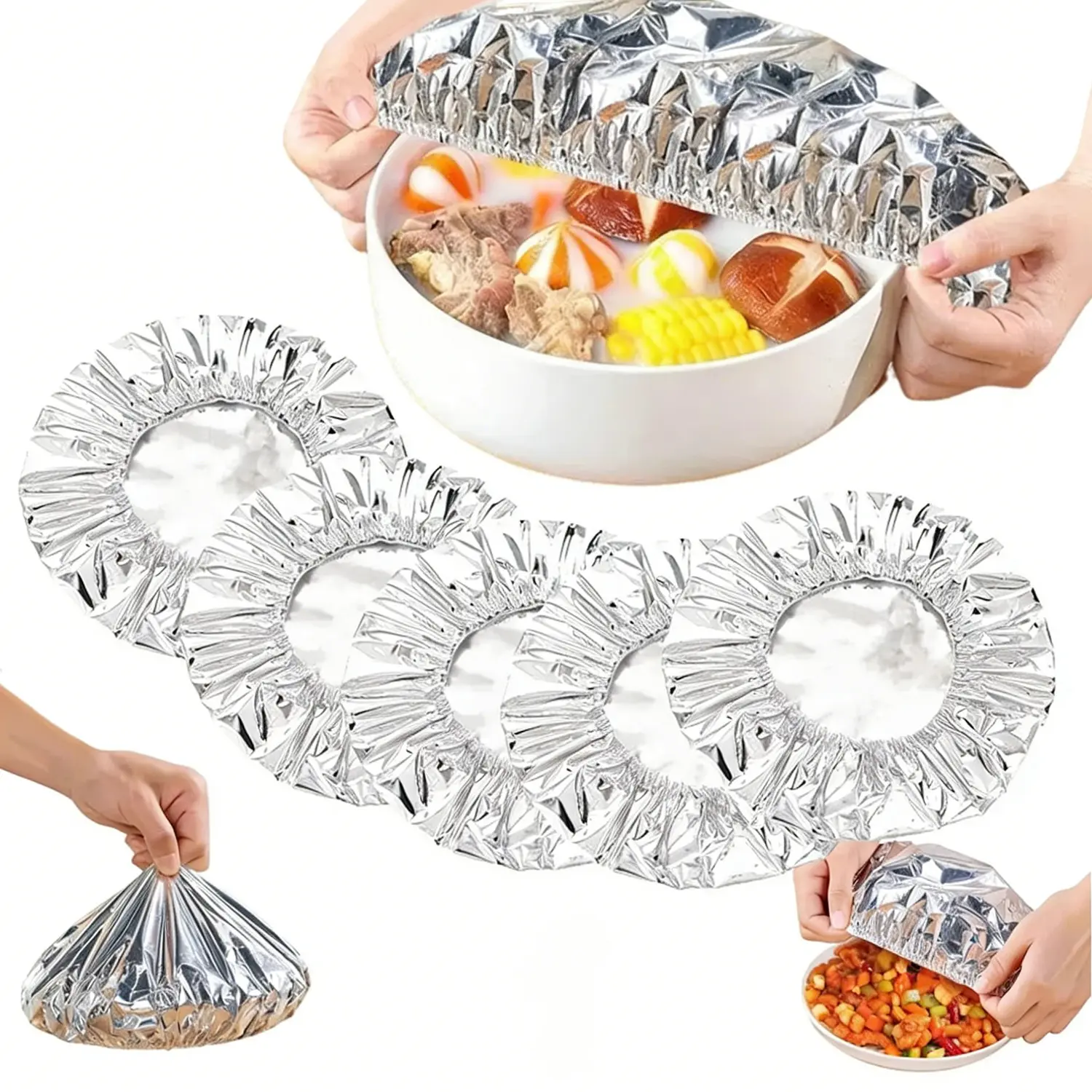 18-28cm Elasticized Reusable Aluminum Foil Food Wrap Covers Set (30/50 Pcs) with Elastic Band, Stretchable Liners for Plates & Bowls, Cooking & Picnic/Outdoor Hot & Cold Food Storage (Up to 110°C), Home Kitchen Accessories