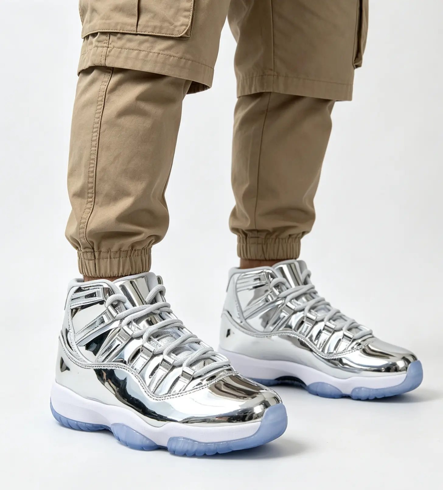 Men's Shiny Metallic Silver High-Cut Sneakers - Cushioned Sports Collectibles Accessories, Shock-Absorbing Vintage Basketball Shoes for Daily Wear