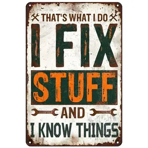 Vintage Weathered Aluminium-Metal Rectangle Design Garage Sign "I Fix Stuff" - Home Decor Plaque, Wall Decoration for Workshop, Father's Day Gift for Dad, Home Supplies