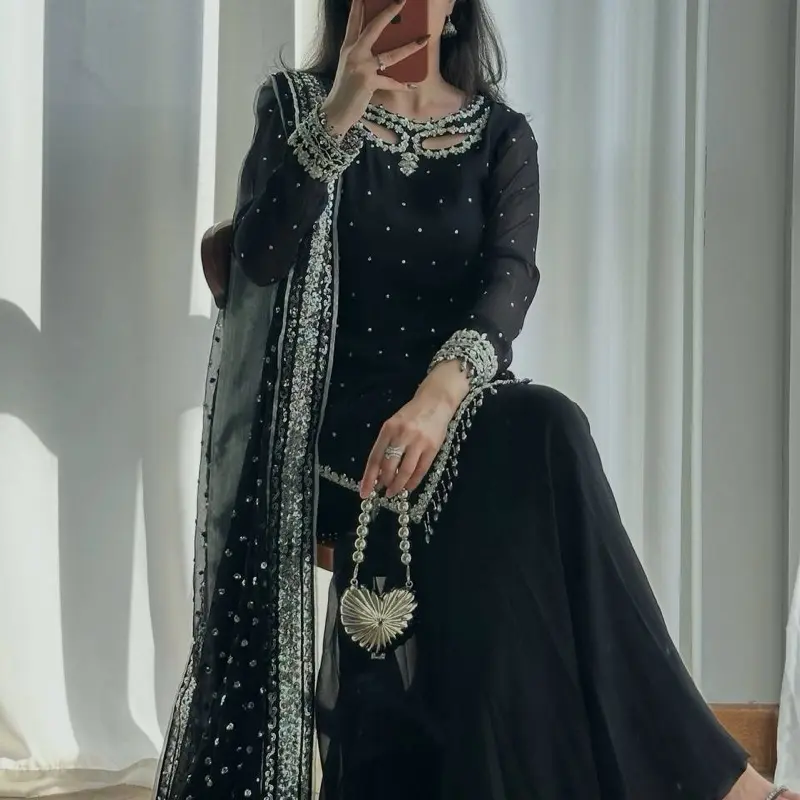 Presenting New Designer Collection In Heavy Faux Georgette Silk Top-Bottom And Dupatta Set Fully Stitched Ready To Wear