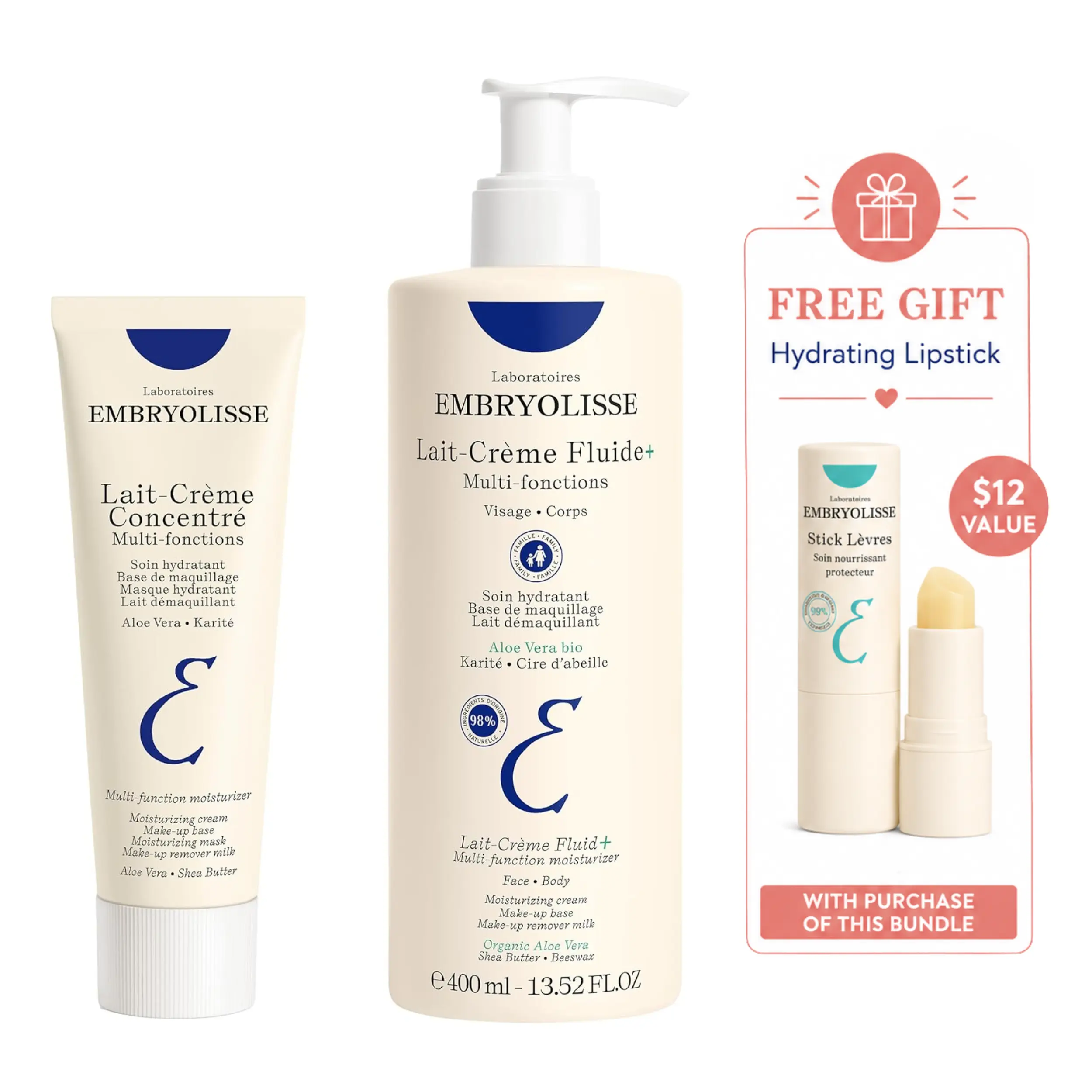 Embryolisse Lait-Crème Set Multifunction Daily Moisturizer, Primer, and Makeup Remover. Lightweight Face & Body, Hydrating, fForal, Comfort, Milky, Moisturizing, Moisture, Skin repair, Hydrate, Beeswax, Skincare, Scent Cream, 2.54 fl oz, 13.52 Fl Oz