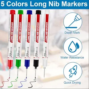 5 Pack Long Tip Deep Hole Markers for Woodworking, Quick Dry Waterproof Colored Markers for Building and Bathroom Use, Multi-Functional Marking Pens, Multi Purpose Pens