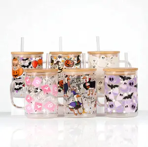 Halloween 17oz Glass Mug with Lid and Plastic Straw, Spooky Season Drinkware