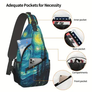 [Made in US] Crossbody Chest Bag Hiking Abstract Art Starry Night And Forest Shoulder Bag Folding Large Capacity Fashion Durable Can Be Used For Shopping Work Leisure Travel Beach Bag Fishing Backpack With Zip Pockets