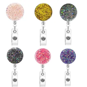 Glitter Round Badge Holder, 1 Count Retractable Badge Reel, Identification Badges & Supplies for Office School Teacher Nurse Worker, Retractable Badge Holders