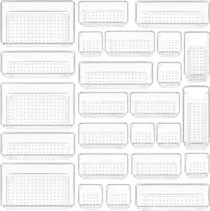 Clear Plastic Drawer Organizers Set - 25 PCS Set of 4-Size Versatile Trays for Bathroom, Vanity, Makeup, Bedroom, Kitchen & Office Use  Boxes Utensils