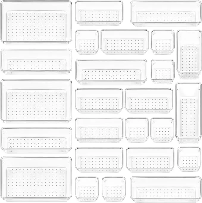 Clear Plastic Drawer Organizers Set - 25 PCS Set of 4-Size Versatile Trays for Bathroom, Vanity, Makeup, Bedroom, Kitchen & Office Use  Boxes Utensils