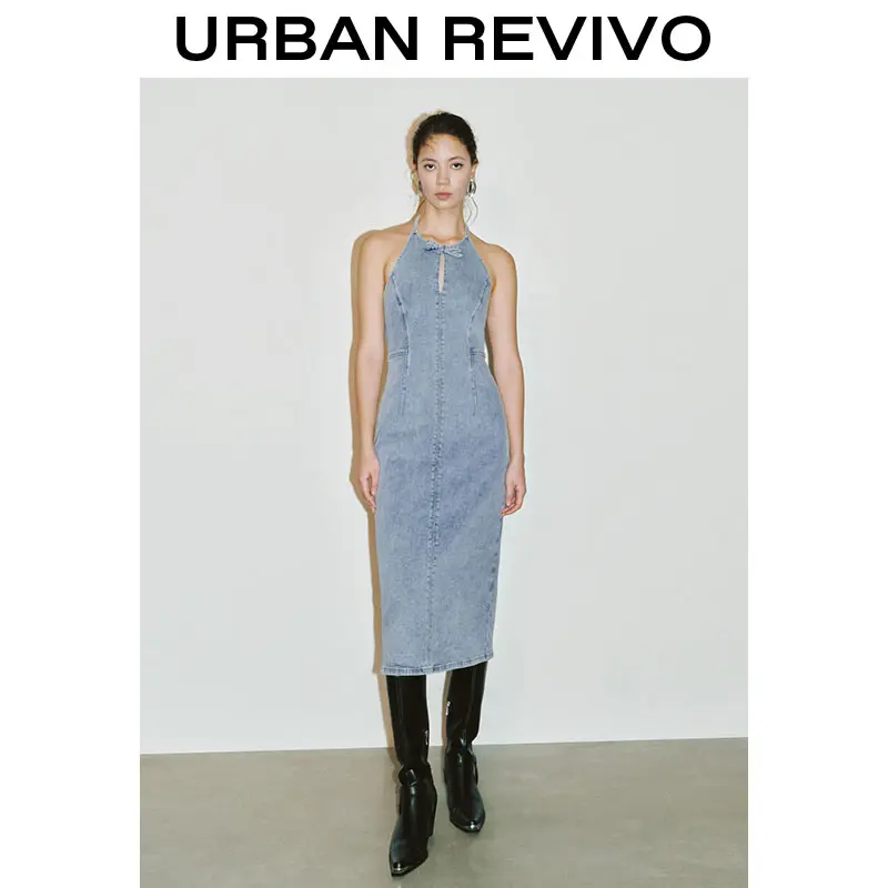 URBAN REVIVO Women's Basic Pinafore-Cut Sleeveless Plain Denim Jumper Dress, Casual Wear, Cold Wash Only, Do Not Dry Clean