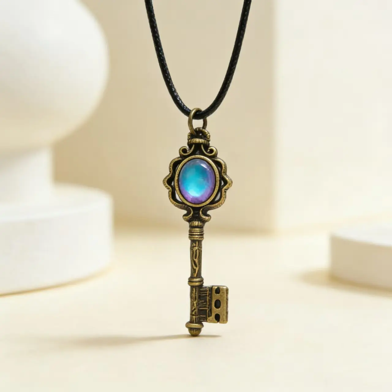 September Laurel  Moonstone Hecate Key Pendant Neckalce With Cord Chain