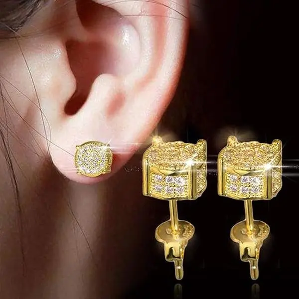 Men's earrings,Korean Zircon Stud Earrings,Gold Plated Gemstone Earring Set,18K White Gold Plated Round & Square Hypoallergenic Diamond Simulated Earrings,Glowing Diamond Earrings