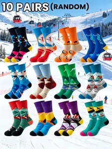 10 Pairs Random Sports Mid-Calf Socks, Athletic Sock, Fun Outdoor Ski Illustrations, Bright Colors, Soft Breathable Fabric, Comfortable and Trendy