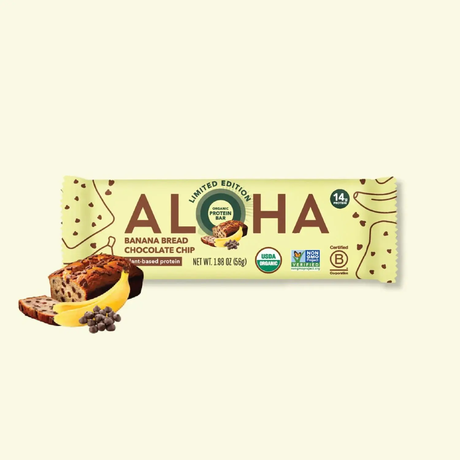 ALOHA Banana Bread Chocolate Chip Protein Bar | 12 Bars | 14g Plant Protein, 5g Sugar | Certified USDA Organic, Vegan, Gluten-Free | Banana + Chocolate Chips