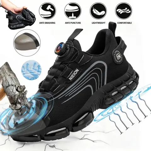 Men's & Women's Heavy-Duty Polyester Steel-Cap Work Safety Footwear, Closed Round Toe Boots with Rotary Buckle, Puncture Protection, Anti-Smash, Breathable Fabric Upper, Classic Striped Design, Antimicrobial, All-Season Outdoor Use