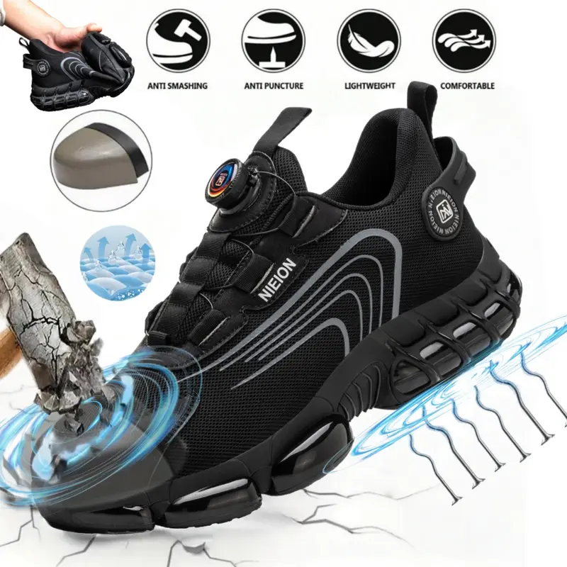 Men's & Women's Heavy-Duty Polyester Steel-Cap Work Safety Footwear, Closed Round Toe Boots with Rotary Buckle, Puncture Protection, Anti-Smash, Breathable Fabric Upper, Classic Striped Design, Antimicrobial, All-Season Outdoor Use