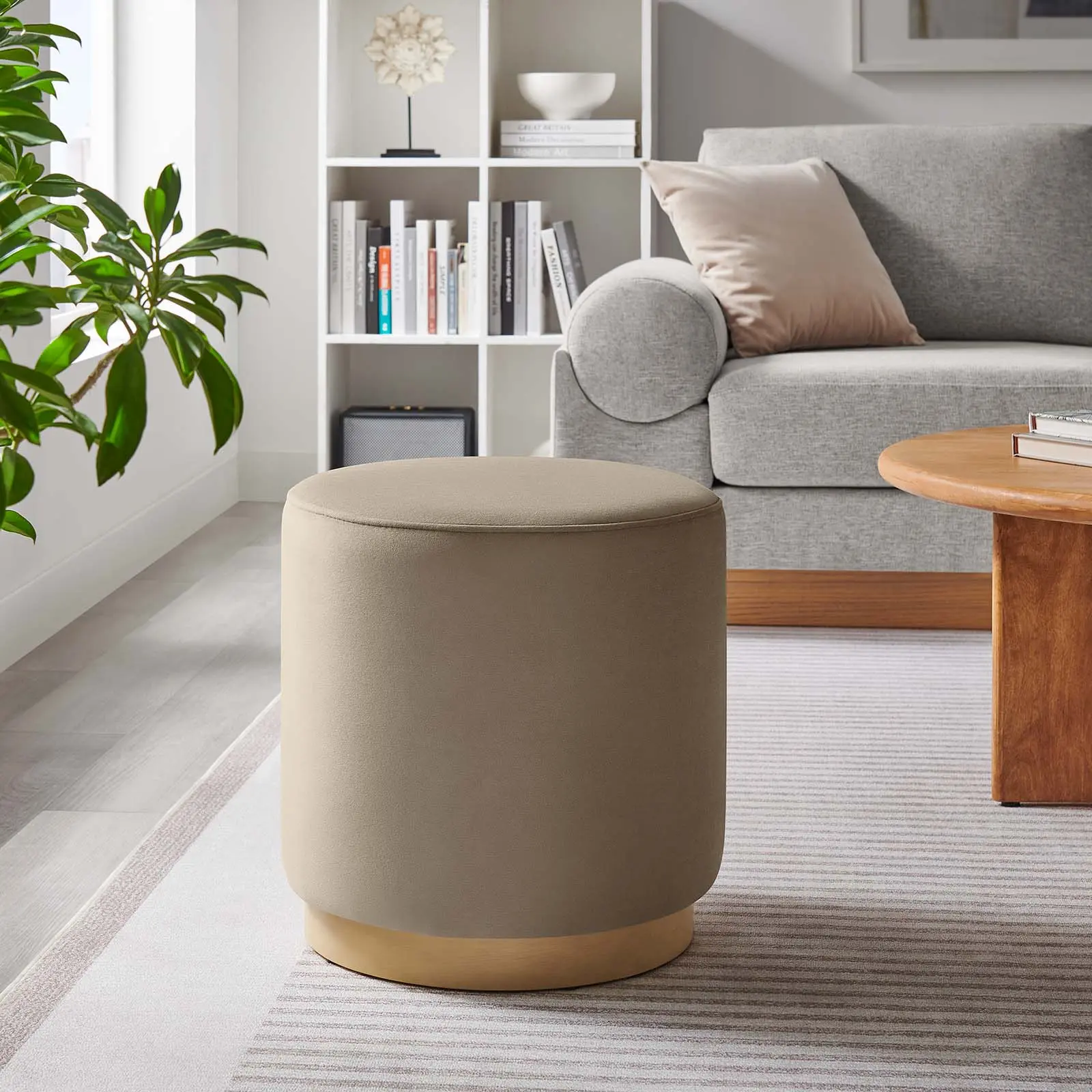 Modway Tilden 16" Round Performance Velvet Upholstered Ottoman Footstool - Taupe Natural, Modern Living Room Furniture with Foam Cushion, Glam Clean Design, Pre-Assembled Rubberwood Base, Cozy Apartments