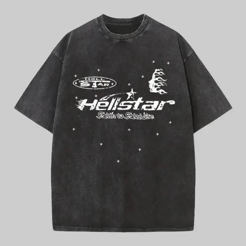 Summer Casual Vintage Acid Wash Hellstar Earth To Paradise Oversized T Shirt Cyber Y2K Opium Core Dark Grunge Streetwear Hardcore Gym Pump Cover Distressed Heavyweight Cotton Aesthetic Retro Graphic Men Women Top