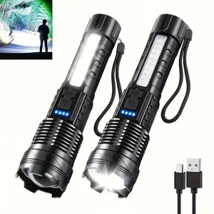 1/2pcs Super Powerful 90000 Lumens Rechargeable Flashlight Floodlight, with Side Light, for Outdoor Camping, Fishing, Hunting, Climbing, Adventure Emergency Situations