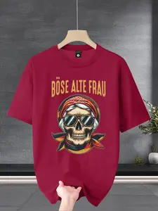 Drop Shoulder T-Shirt, Skull Lady Print, German Flag Headscarf, Slogan, Comfortable Breathable Fabric, Casual Fit