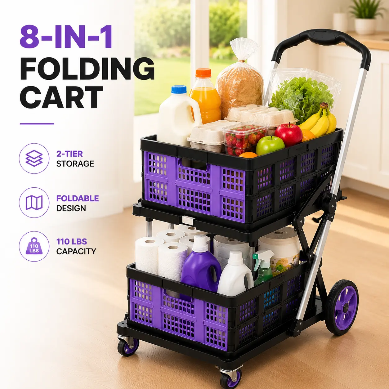 Premium 8-in-1 Folding Utility Cart with Wheels, 2-Tier Collapsible Rolling Shopping Cart With 2 Detachable Baskets, Heavy Duty Portable Grocery Basket, Large Capacity for Groceries, Laundry, Camping, Picnic & Home Storage