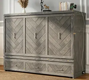 Queen Size Pine Wood Murphy Cabinet Bed with Built-in USB Charging Station and Geometrical Decoration Panel