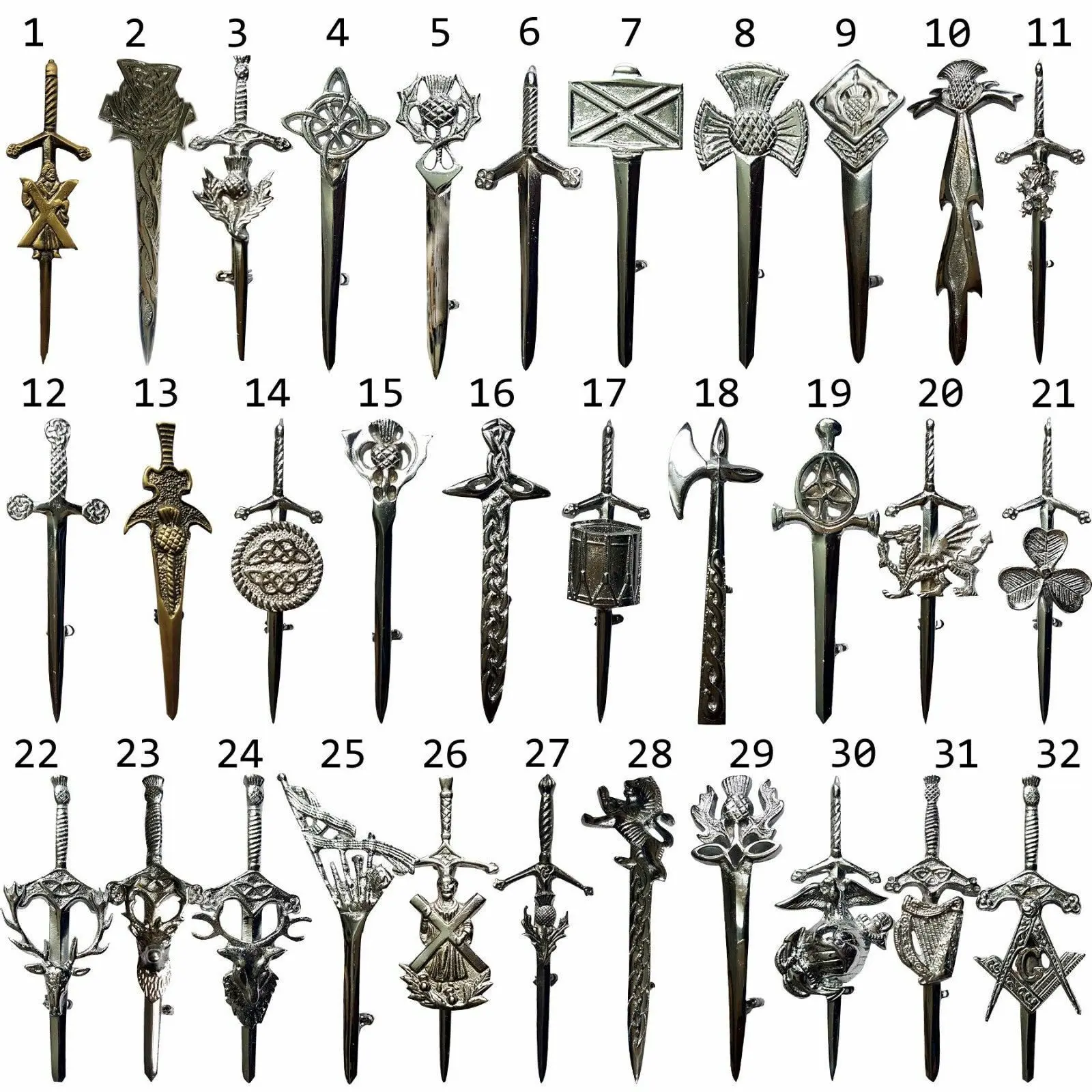 Scottish Kit Pins Various Design Chrome Finish 4" Highland Celtic Pin