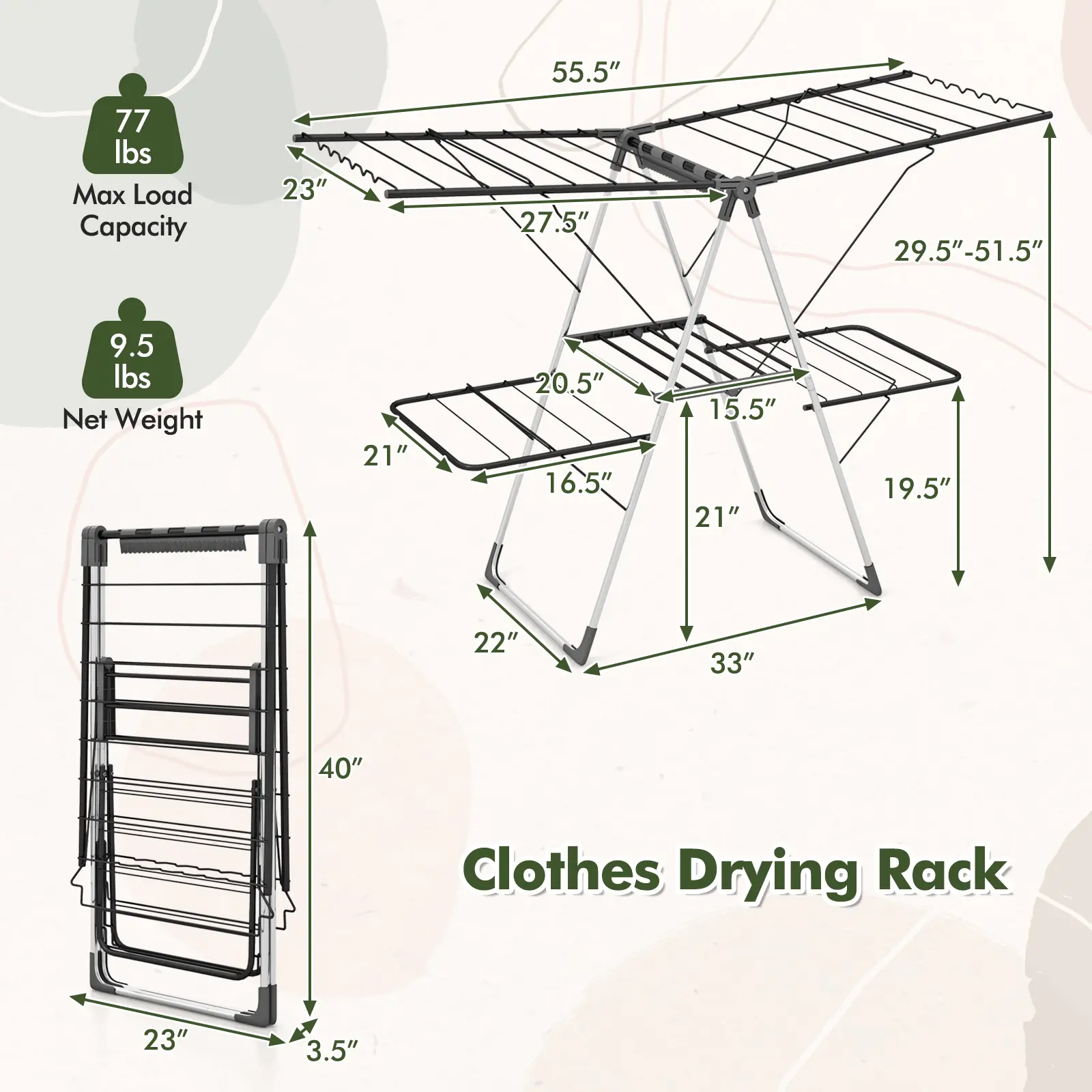COSTWAY - 2-Tier Clothes Drying Rack with 33 Drying Rails and Height Adjustable Gullwings