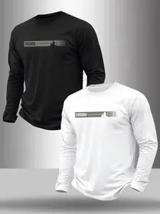 Men's Popular Letter Graphic Print Long Sleeve T-Shirt Fabric, Casual Fitted Round Neck Top, 2-Piece Set for Fall & Winter