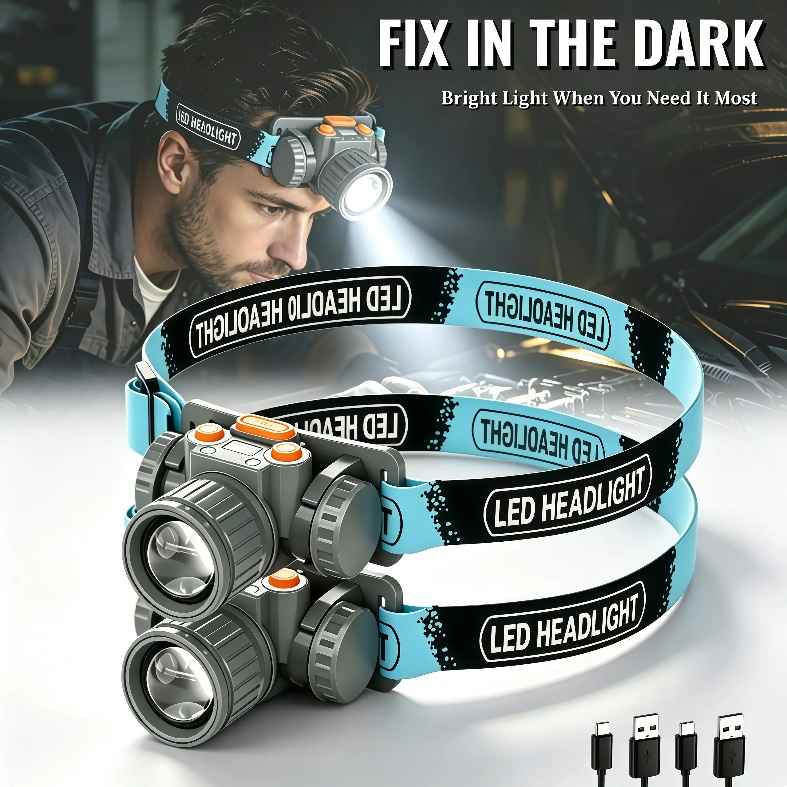 Unisex 2-Pack Compact Functional USB Rechargeable High-Bright LED Headlamp, Zoom-Focusable Head Flashlight with Power Display, 3 Lighting Modes, Waterproof Outdoor Headlight for Camping, Emergency Use