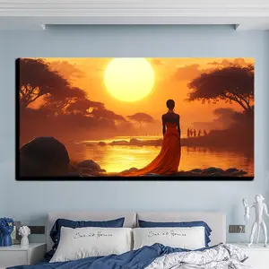 African American Journey Canvas Art - 1.5 Inch Solid Pine Wood Frame Wall Decor, Vibrant Sunset Scene with Elegant Silhouette, 32*16*1.5 Inch Print Ornaments Room Artwork