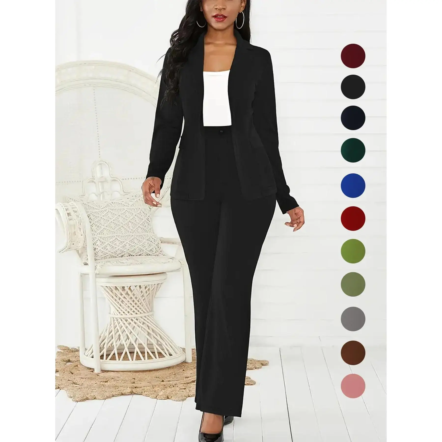 Women's Two-Piece Matching Set, Plain Button Lapel Fitted Blazer & Suit Pants, Elegant Business Casual Long Sleeve Outerwear & Trousers for Daily Outdoor Wear, Women's Clothing for All Seasons