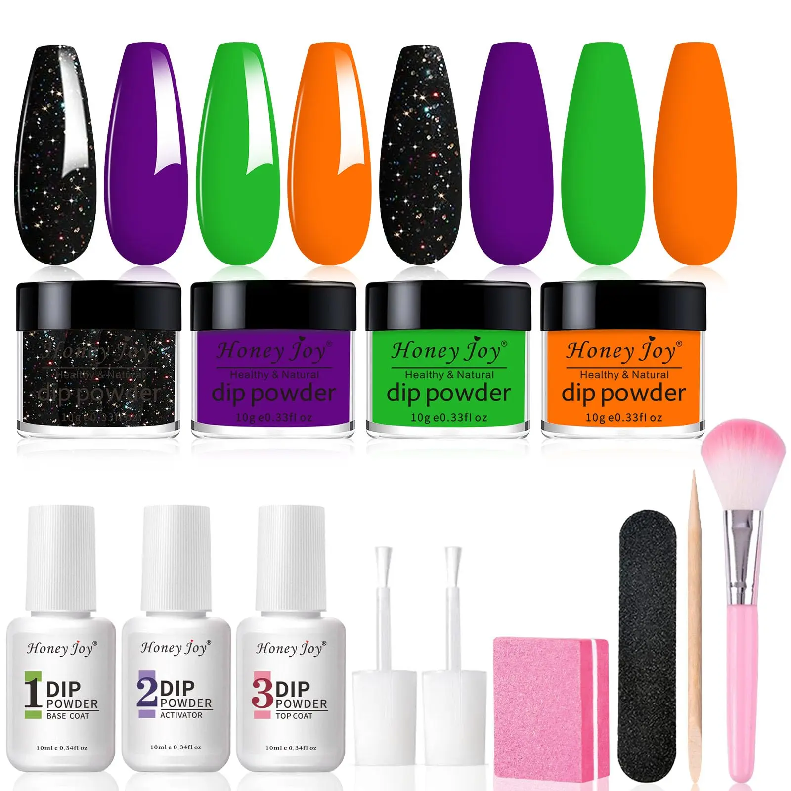 Honey Joy Halloween Dip Powder Nail Kit with Dip Liquid Set, Black Glitter Purple Green Orange, Beginner Friendly Long Lasting Nail Dip Powder Starter Kit