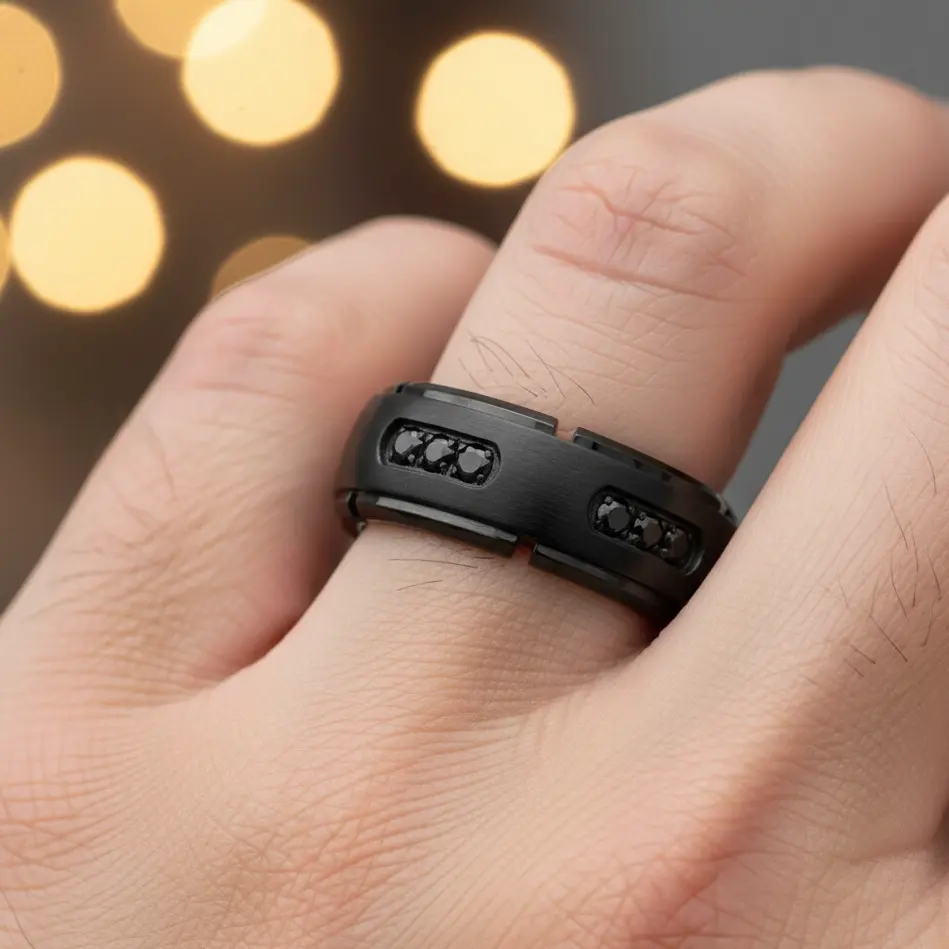 Black Titanium Wedding Ring, 8mm Engagement Ring, Black CZ Inlay Wedding Ring, Unique Wedding Band, Man's & Woman's Engagement Ring, Black Titanium Anniversary Ring