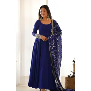 Blue Anarkali Gown With Trousers & Dupatta Blue Anarkali Gown With Trousers & Dupatta